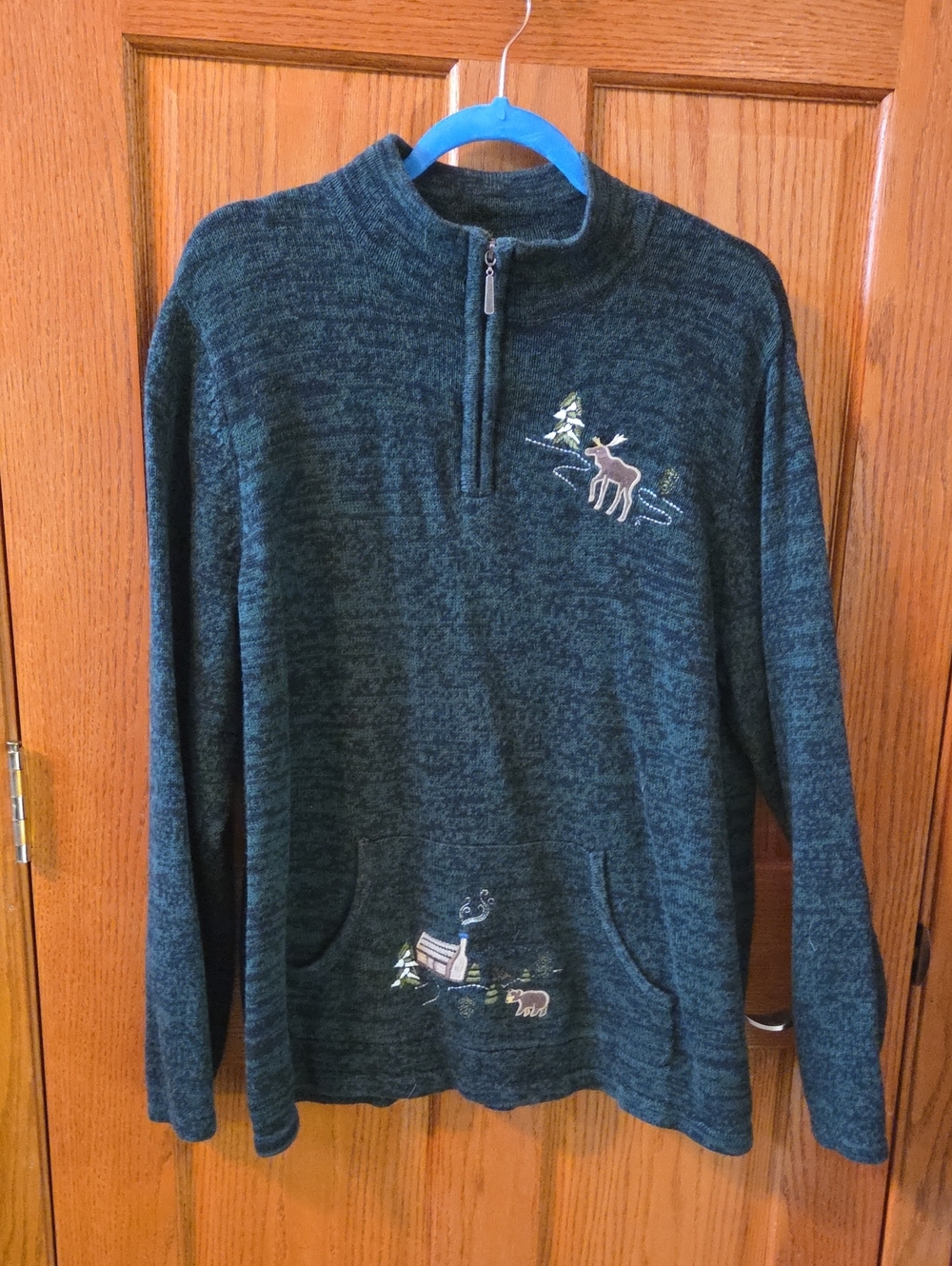 breckenridge Dark Green Women's Half-Zip Sweater with Embroidered Moose